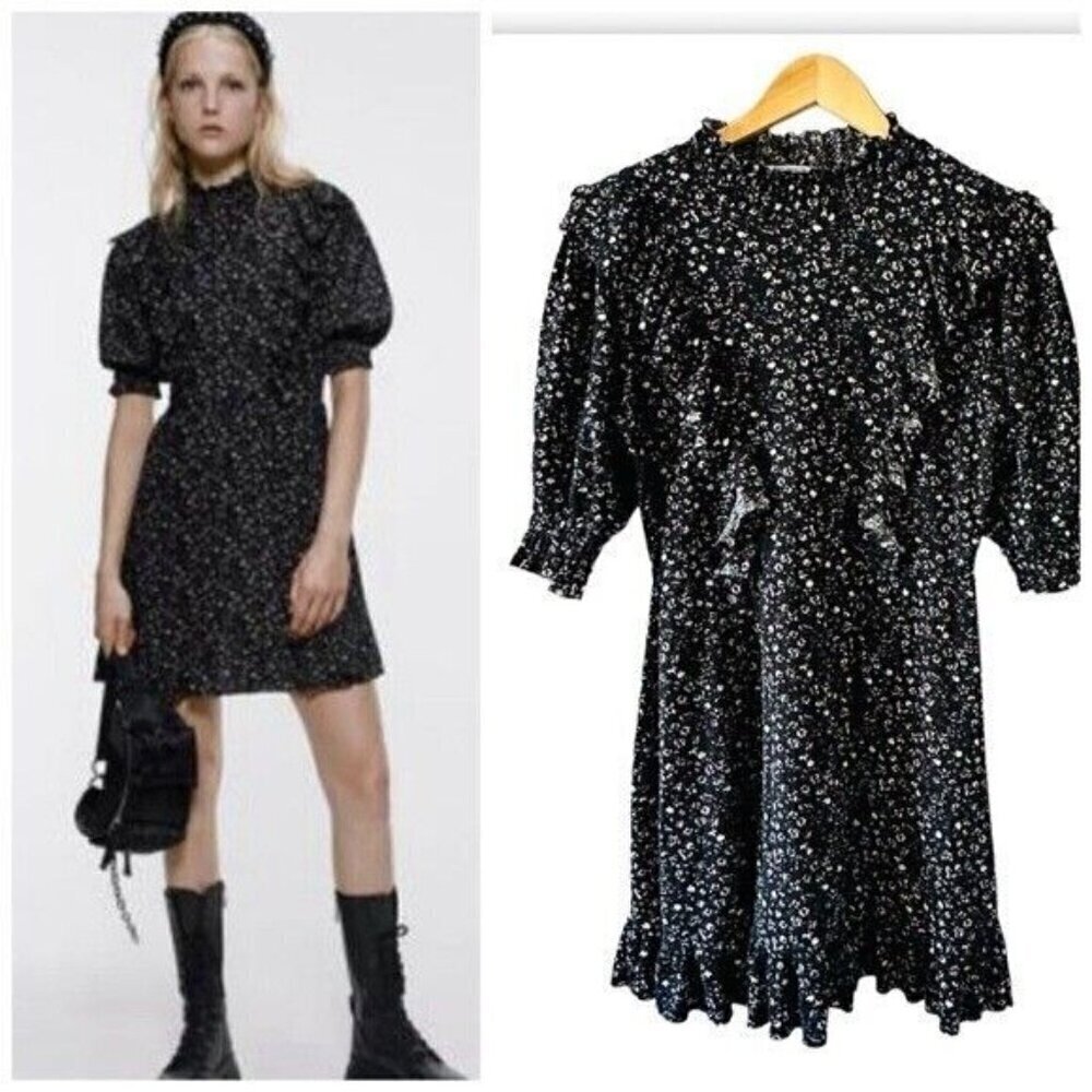 Zara Floral Print Puffy Sleeve Black Size Large